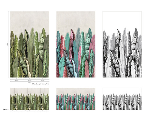 Illustratie van een tropisch behang met bladeren in verschillende kleurstellingen