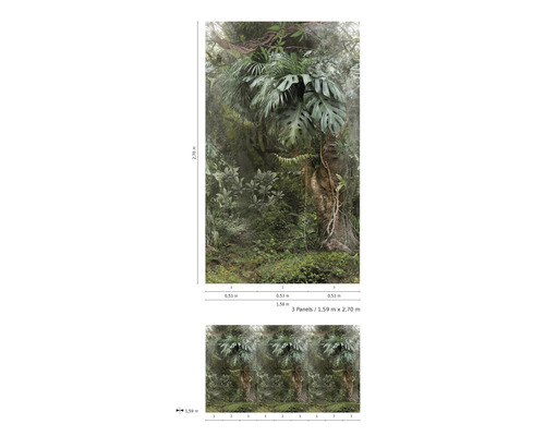 Behang met jungle motief en plantenpatroon, bestaande uit drie banen met de afmetingen 1,59 m x 2,70 m