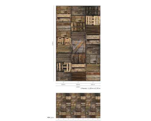 Behang met houten kistenmotief, afmetingen 1,59 meter bij 2,70 meter