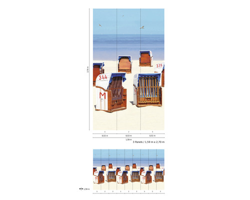 Fotobehang met strandstoelen op het strand, afmetingen 1,59 meter x 2,70 meter