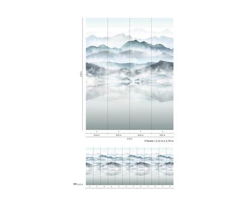 Vliesbehang met bergmotief en meerreflectie, bestaande uit 4 banen