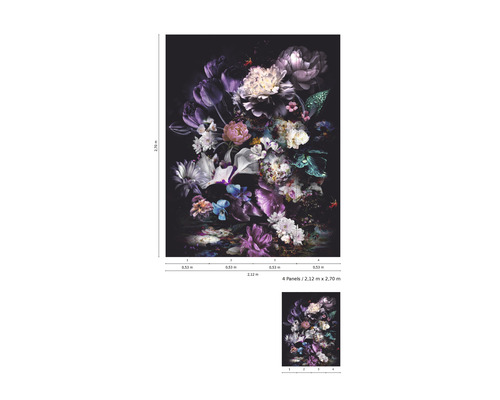 Fotobehang met donker bloemmotief en de afmetingen 2,12 meter x 2,70 meter