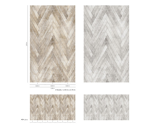 Afbeelding van panelen met visgraatmotief voor wandbekleding, inclusief afmetingen