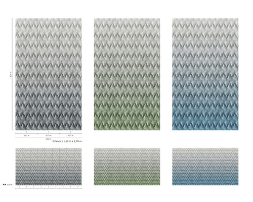 Decorpanelen met driedimensionale ruitstructuur in grijs-, groen- en blauwtinten.