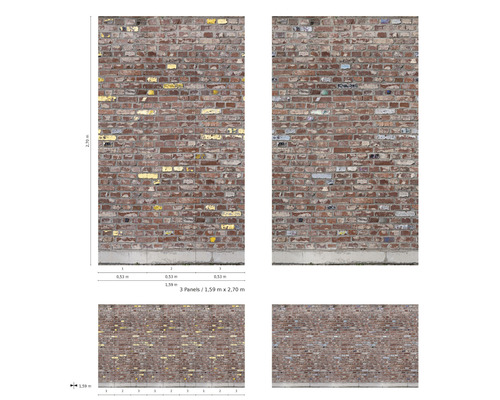 Behangpatroon met bakstenen muurlook, bestaande uit drie panelen