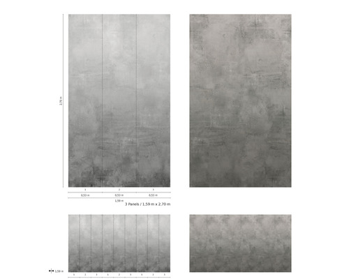 Vliesbehang met betonlook, bestaande uit drie banen van 1,59 meter bij 2,70 meter