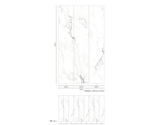 Afbeelding van een behang met marmerpatroon en maatgegevens.