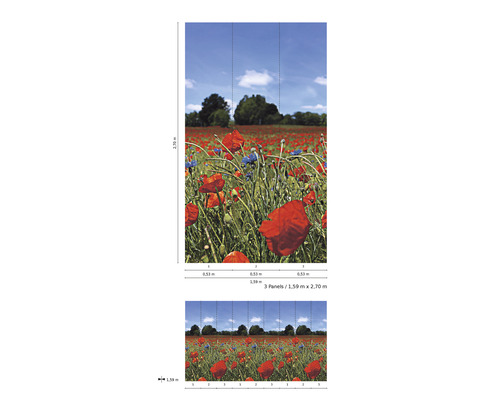 Fotobehang met klaprozenveld, bestaande uit drie banen