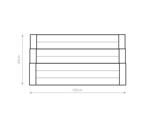 Illustratie van een plantenbak met de afmetingen 120 cm lengte en 64 cm hoogte