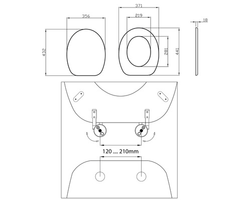 Technische tekening van een toiletbril met maataanduidingen