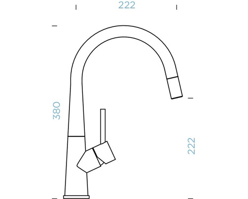 Technische tekening van een keukenkraan met afmetingen.