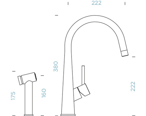 Technische tekening van een keukenkraan met de afmetingen 380 mm hoog en 222 mm uitloop