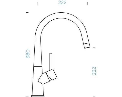 Technische tekening van een keukenkraan met de afmetingen 222, 222 en 380.
