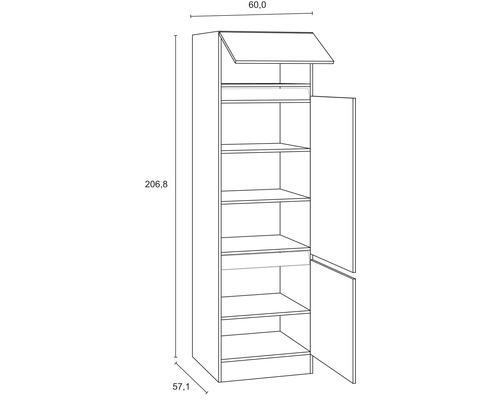 Technische tekening van een open hoge kast met afmetingen 206,8 x 60,0 x 57,1 cm