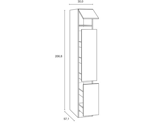 Technische tekening van een hoge kast met afmetingen