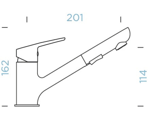 Technische tekening van een keukenkraan met uittrekbare sproeikop en afmetingen.