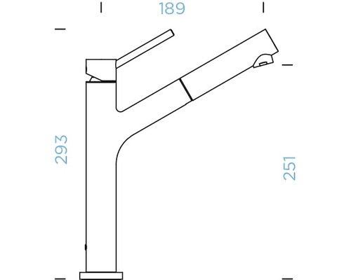 Tekening van een keukenkraan met afmetingen