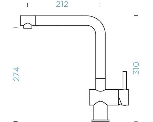 Technische tekening van een keukenkraan met afmetingen