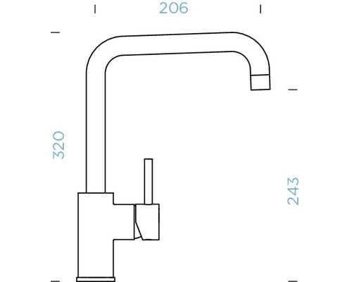 Technische tekening van een keukenkraan met maatvoering.