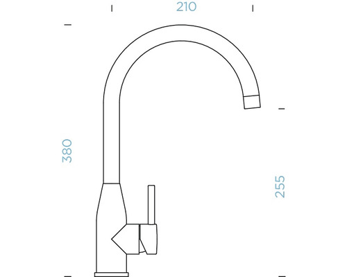 Tekening van een keukenkraan met afmetingen