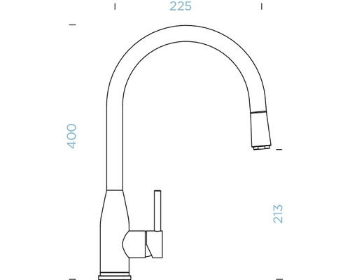 Technische tekening van een keukenkraan met de afmetingen 225, 400 en 213 millimeter.