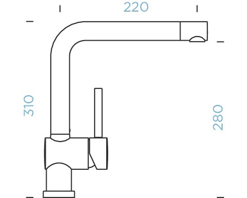 Schets van een keukenkraan met maatvoering