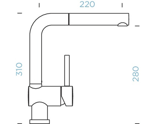Technische tekening van een keukenkraan met afmetingen.