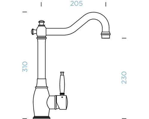 Technische tekening van een kraan met de afmetingen 205, 310 en 230 millimeter.