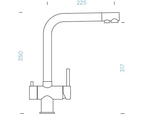 Technische tekening van een keukenkraan met afmetingen.