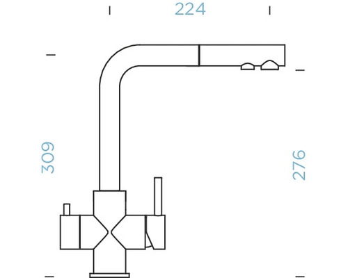 Technische tekening van een keukenkraan met afmetingen.