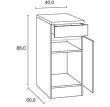 Technische tekening van een onderkast met lade, deur en legplanken met afmetingen
