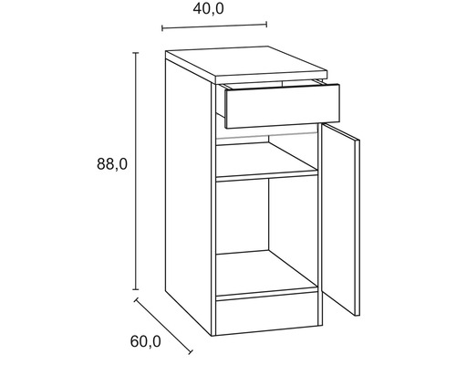 Technische tekening van een onderkast met lade, deur en legplanken met afmetingen