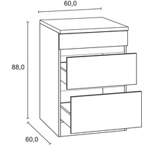 Technische tekening van een onderkast met laden en de afmetingen hoogte 88 centimeter, breedte 60 centimeter en diepte 60 centimeter.