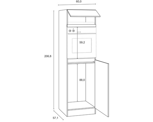 Technische tekening van een hoge kast met afmetingen.
