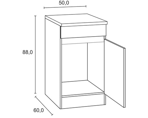 Tekening van een onderkast met de afmetingen 50,0 x 60,0 x 88,0 centimeter.