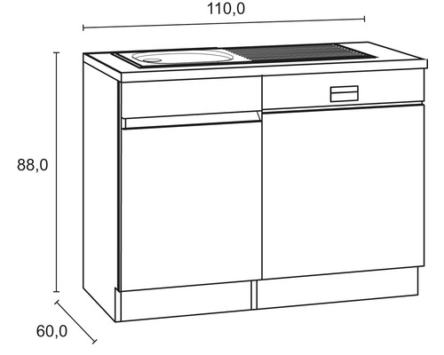 Wastafelonderkast met wastafel en afmetingen 110,0 x 88,0 x 60,0 cm.