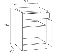 Technische tekening van een onderkast met lade, deur en de afmetingen 60,0 x 60,0 x 88,0 centimeter.