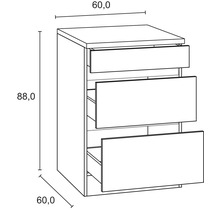 Technische tekening van een ladekast met drie laden en de afmetingen 60 bij 60 bij 88 centimeter.