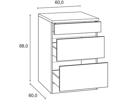 Technische tekening van een ladekast met drie laden en de afmetingen 60 bij 60 bij 88 centimeter.