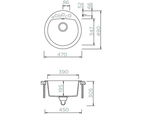 Technische tekening van een spoelbak met afmetingen