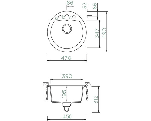 Technische tekening van een ronde wastafel met maatvoering