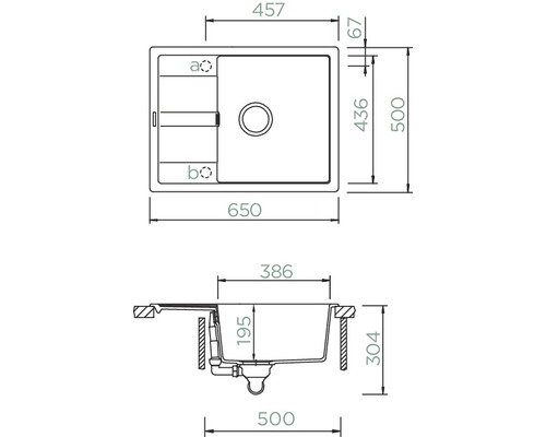 Technische tekening van een spoelbak met maatvoering
