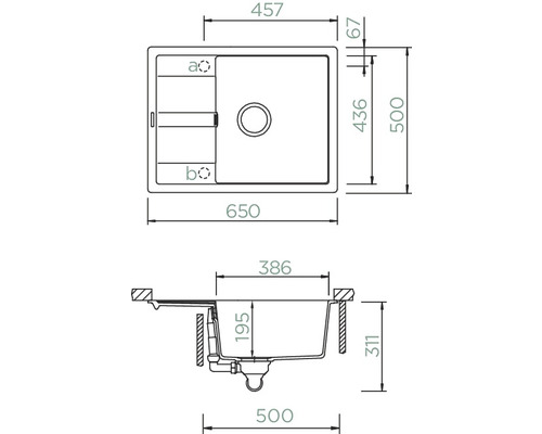 Technische tekening van een spoelbak met maatvoering.