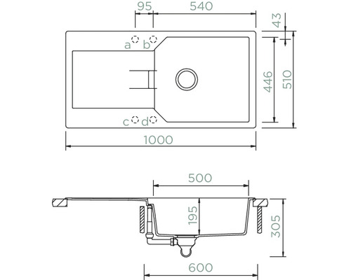 Technische tekening van een spoelbak met afmetingen.