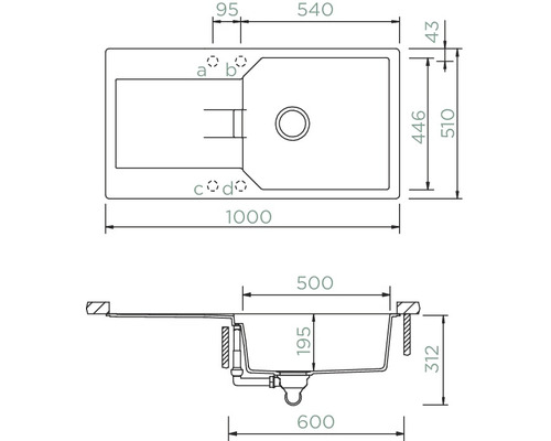 Technische tekening van een gootsteen met afmetingen