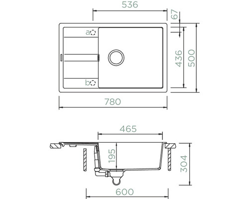Tekening van een aanrecht met afmetingen