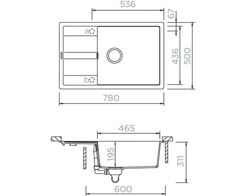 Technische tekening van een spoelbak met afmetingen