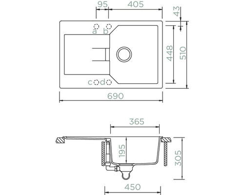Tekening van een spoelbak met maataanduidingen