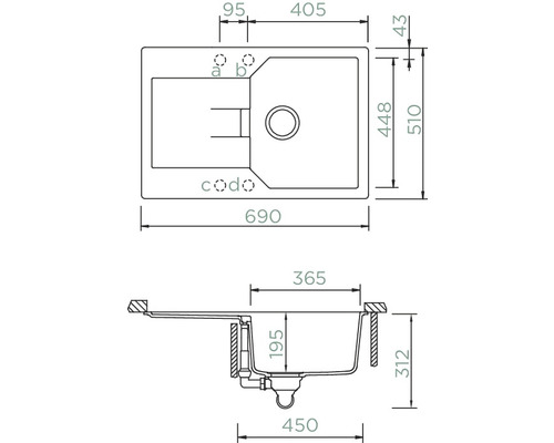 Technische tekening van een spoelbak met afmetingen