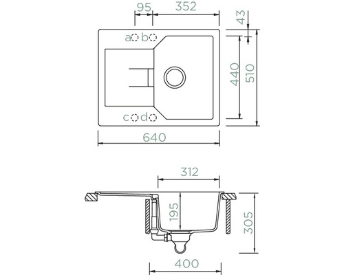 Technische tekening van een spoelbak met afmetingen.